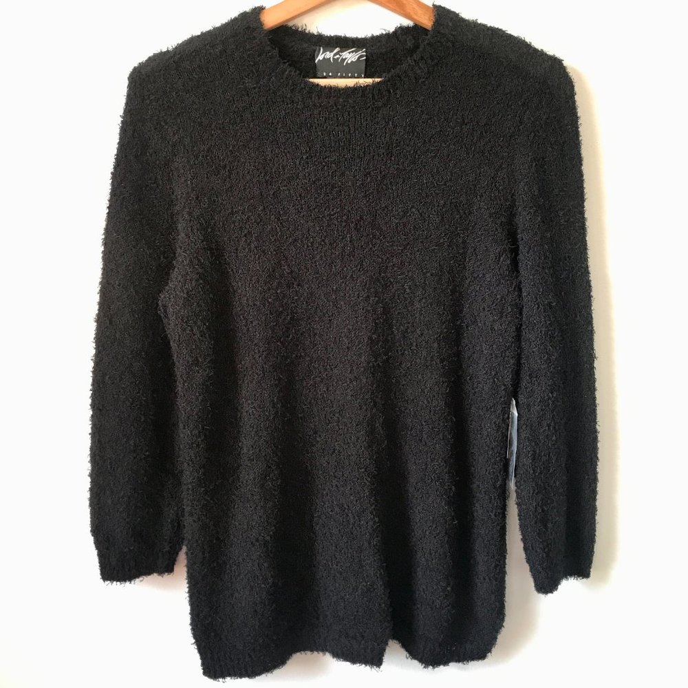Lord & Taylor Black 3/4 Sleeve Fuzzy Thread Crew Neck Sweater, Size L